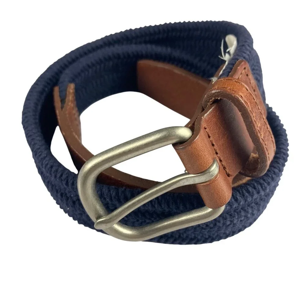 Crewcuts Navy Blue Braided Belt Boys Medium Brown Leather Ends Nickel Buckle